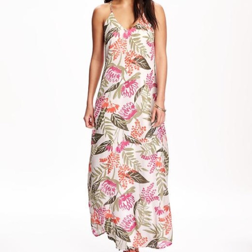 🛑 Old Navy Floral Maxi Dress with a Orange/Pink/Green Tropical Print